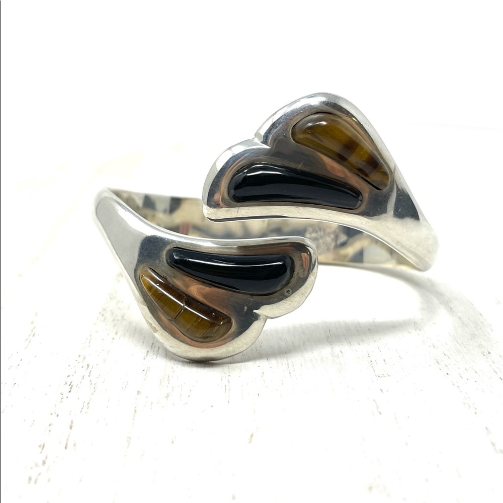 TAXCO Sterling silver, Onyx, Tiger’s Eye hinged cuff bracelet - Picture 9 of 12